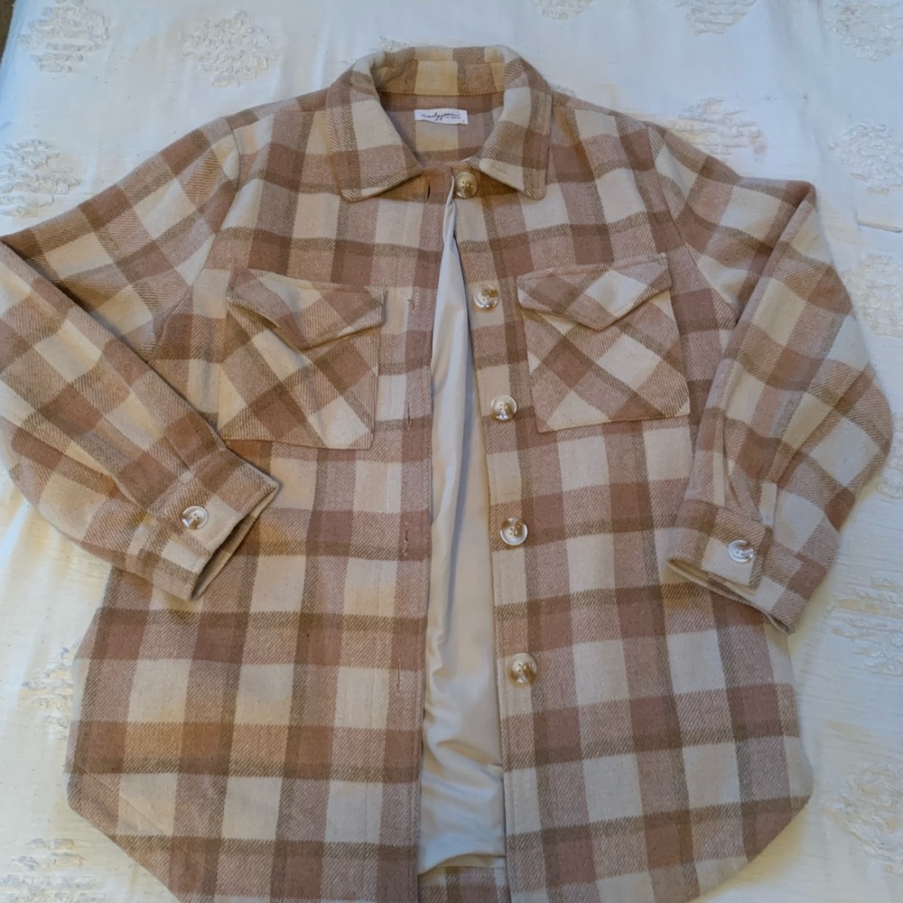 Carly Jean Los Angeles Cream and Brown Plaid Utility Jacket